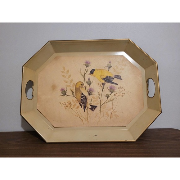 Vintage Nashco Metal Tole Tray with goldfinches - Picture 1 of 10